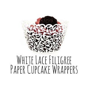 White Lace Cutout Cupcake Wrappers, Leaf Vine Filigree Cupcake Wrappers, Cupcake Liners, Laser Cut Cupcake Wrappers, DIY Wedding