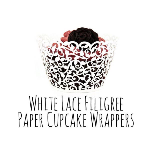 White Lace Cutout Cupcake Wrappers, Leaf Vine Filigree Cupcake Wrappers, Cupcake Liners, Laser Cut Cupcake Wrappers, DIY Wedding