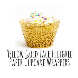 Yellow Gold Lace Cutout Cupcake Wrappers, Leaf Vine Filigree Cupcake Wrapper, Cupcake Liners, Laser Cut Cupcake Wrapper, DIY Wedding