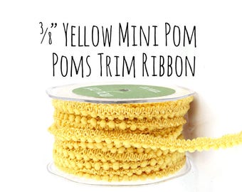 Yellow Mini Pom Poms Ribbon, 3/8" Yellow Pom Pom Ribbon Tape, Pom Pom Trim, Gift Ribbon, Gift Wrap, Hair Ribbon, Craft Supplies, Sewing