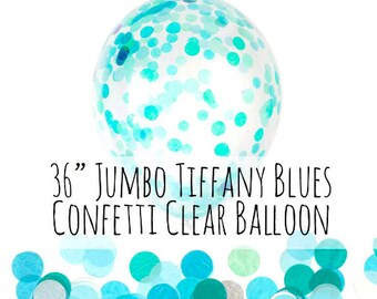 36" Blue, Aqua, Turquoise, Silver Confetti Balloon, Large Clear Balloon Filled with Turquoise Aqua Confetti, Party Decor, Wedding Photo Prop