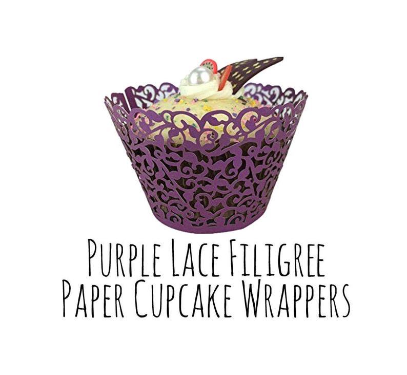 Purple Lace Cutout Cupcake Wrappers, Leaf Vine Filigree Cupcake Purple Lace Cutout Cupcake Wrappers, Leaf Vine Filigree Cupcake