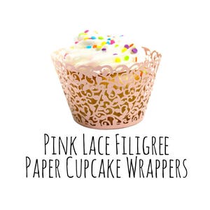 Pink Lace Cutout Cupcake Wrappers, Leaf Vine Filigree Pink Cupcake Wrappers, Cupcake Liners, Laser Cut Cupcake Wrappers, DIY Wedding