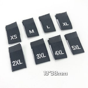 100 Woven Size Tabs - White Clothing Labels with Black Letters - Adult/Lettered Sizes - Folded Labels