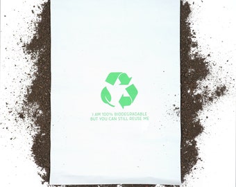May include: White paper bag with a green recycling symbol and the text "I am 100% biodegradable but you can still reuse me". The bag is surrounded by brown dirt.