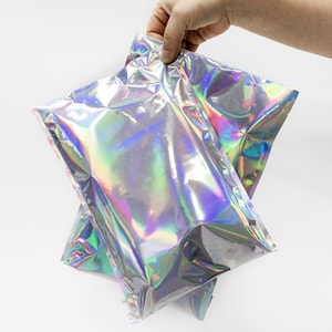 虹色のホログラフィックアートバッグポーチギフトバッグおやつ、レインボーホログラフィックメタリックホイル包装バッグ、光沢のあるバッグ、包装用品