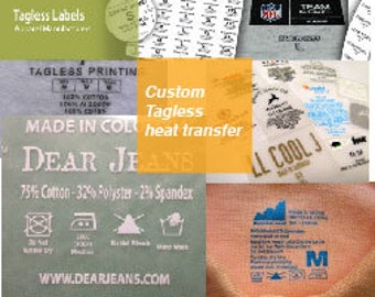 May include: A collage of images showcasing custom tagless heat transfer labels for clothing. The images include close-ups of the labels, as well as examples of how they look on garments. The labels are available in a variety of colors and styles, and can be customized with your own text and logo.  The text on the label reads "Tagless Printing", "Made in Colombia", "75% Cotton - 32% Polyester - 2% Spandex", "www.dearjeans.com", and "Dear Jeans".