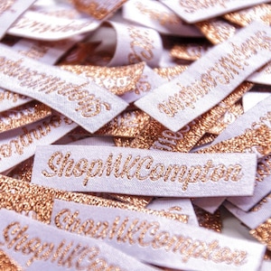 1000 pcs Custom rose gold woven label, pink gold thread woven label, Custom rose gold woven label, rose gold matellic woven clothing labels