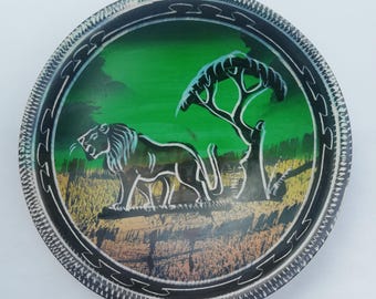 Lion /African wild animals Kisii stone bowl from Kenya Africa