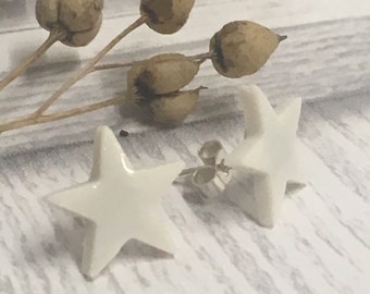 Handmade small Glazed Porcelain star stud earrings with sterling silver findings