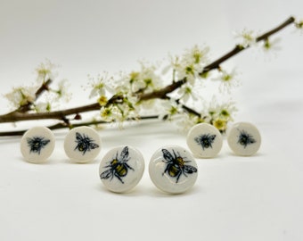 Handmade porcelain and sterling silver Bumble bee stud earrings