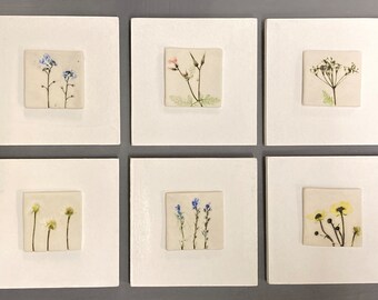Handmade Impressed Meadow Wildflower porcelain tiles