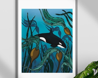 Orka orka 8x10" 5x7" print | Kunst aan de muur | Dieren in het wild kunst | Schilderen | stierkelp | zeeleven | oceaan| Woondecoratie | Cadeau-idee | Kunst