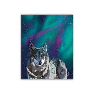 Impressão de lobo da aurora boreal: arte da vida selvagem com luzes do norte (8x10)