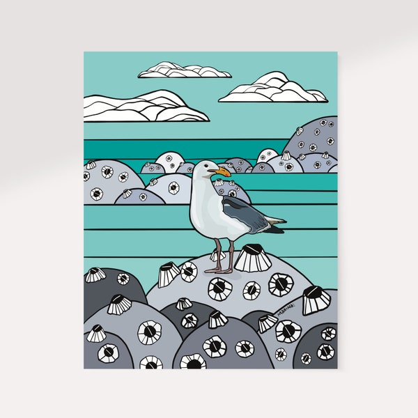 digital download sealife barnacle seagull ocean illustration | home decor wall art | seascape | Art print | bird | wildlife