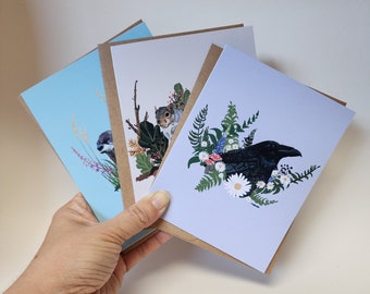 Set of three notecards | Squirrel | River Otter |Crow | | Gift Idea | birthday | Christmas | any occasion | Handmade | Blank Inside