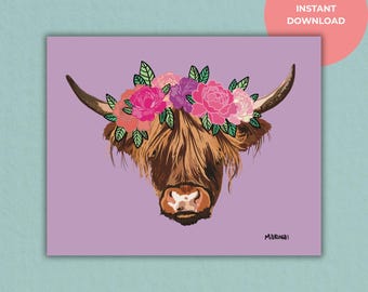 Floral Highland Cow Print: Boho Farmhouse Wall Art (Digital Download)