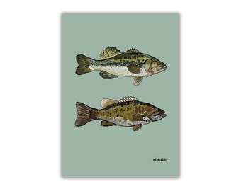 Arte impressa sobre robalo de boca grande e boca pequena: decoração ilustrada de pesca