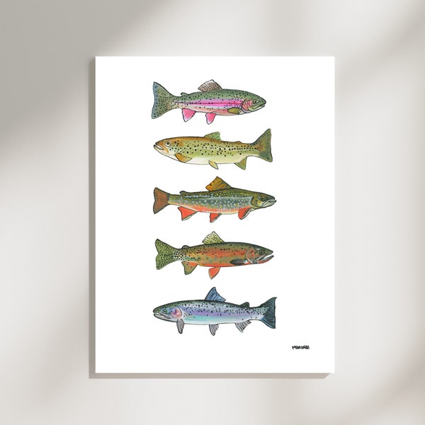 Trout Art | 8x10 | 5x7 | Fish Species | Rainbow Cutthroat Steelhead Brook Brown | Fishing Painting | Trout of BC | print | man cave | angler