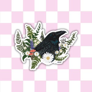 Raven and Wildflower Vinyl Sticker – Botanical Crow Art Decal with Ferns, Daisies & Mushrooms – Gothic Nature Waterproof Sticker for Laptop