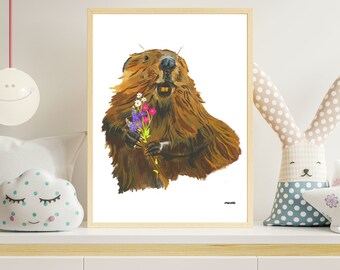Dam Floral Beaver Digital Print Download | 8x10 | flower bouquet | Wall Art | Nursery Art | Children Room | Wildlife | Cute | Animal