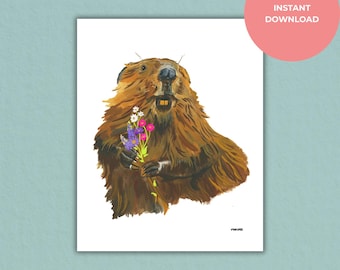 Beaver with Flowers Art Print: Funny Woodland Nursery Decor (Digital Download)