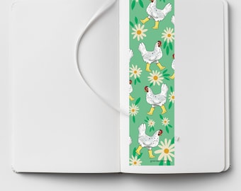 Marque-page poulet laminé fait main | 2 x 8 | pompon | Arcs-en-ciel | bottes en caoutchouc| idée cadeau | club de lecture | livre | floral | art du poulet | jardin