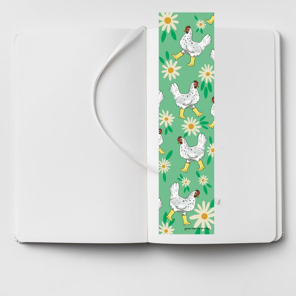 Marque-page poulet laminé fait main | 2 x 8 | pompon | Arcs-en-ciel | bottes en caoutchouc| idée cadeau | club de lecture | livre | floral | art du poulet | jardin