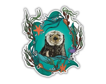 Sticker zeeotter – vinylsticker oceaankelp bos met zeester en krab – waterdichte sticker zeedieren voor laptop, waterfles of dagboek