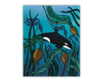 Orca Whale Art Print: Kelp Forest Illustration, Coastal Decor