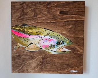 Original Rainbow Trout painting | 10x10 | Gouache on wood panel | nature | birthday | Christmas | man cave | Fishing | angler