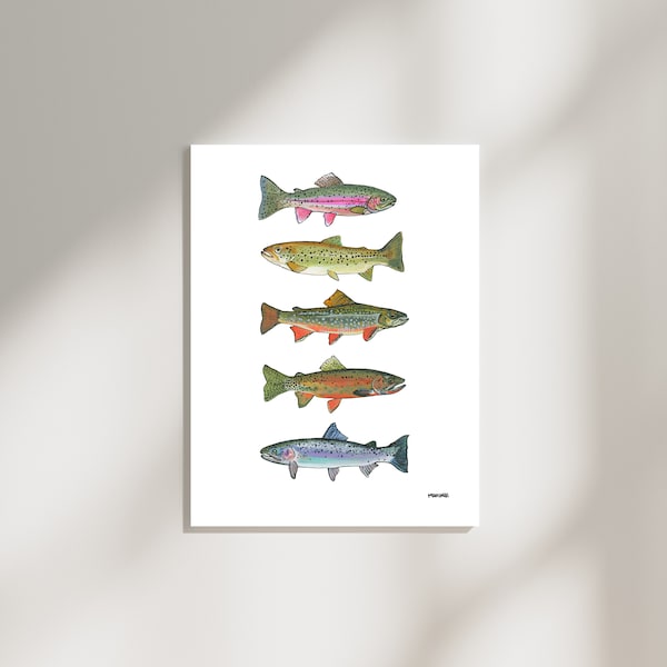 Art de la truite | 8x10 | 5x7 | Espèces de poissons | Rainbow Cutthroat Steelhead Brook Brown | Peinture de pêche | Truite de la Colombie-Britannique | imprimer | homme des cavernes | pêcheur