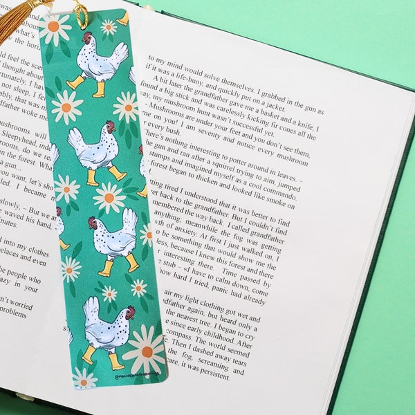 Chicken bookmark laminated handmade | 2x8 | tassel | Rainbows | gumboots|  gift idea | bookclub | book | floral | chicken art | garden