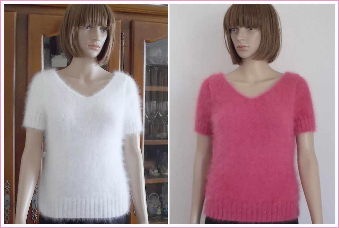 Pull Manches Courtes En Angora Anny Blatt - Rose, Taille 34/36, Fait Main, Neuf