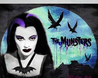 Vintage Retro Style Art Lily Munster Countess of Shroudshire Dracula The Munsters Yvonne De Carlo Lalas Art Halloween Painting Spooky Purple