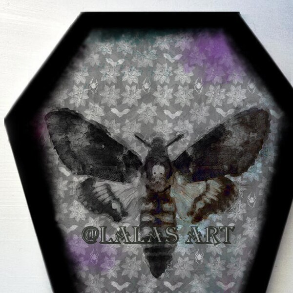 Coffin  shaped - African death's head hawkmoth - Painting - Art - Home decor -  Hypercompe scribonia - Wall hanging - Halloween - Steam punk