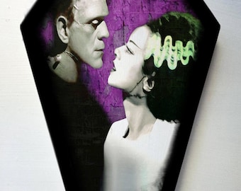 La novia de Frankenstein y Frankenstein - ataúd - Elsa Lanchester Boris Karloff - Película de terror de monstruos, Halloween, estilo vintage, arte retro para el hogar