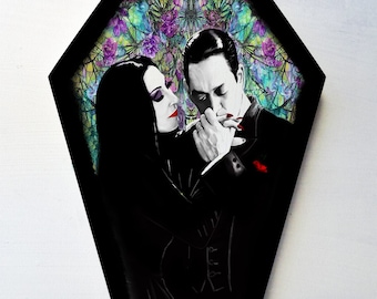 Unique vintage style painting - Coffin shaped -Morticia  & Gomez Addams  - The Addams Family - Halloween - Horror Movie Art Home Decor