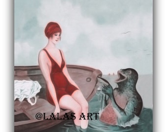 Vintage style Art picture - "La Vie Parisenne" Flapper girl and the sea monster - French Magazine Cover - Home Decor - Art Deco-Nouveau Art