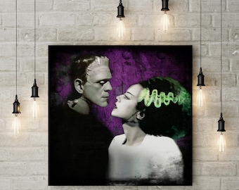 Bride of Frankenstein & Frankenstein Elsa Lanchester Boris Karloff Monster Horror Movie Halloween Vintage style Retro Painting 11 x 11 inch