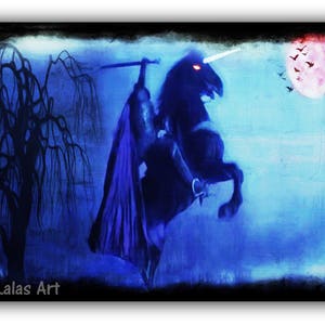 Headless Horseman Halloween Art Painting Interior Design Spooky Bat Creepy Home Decor Wall Hanging Retro Vintage Monster Horror Collectible