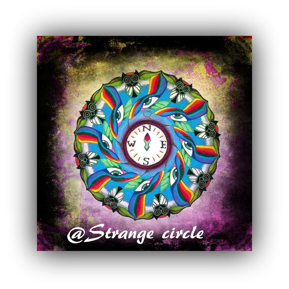 Unique Colorful Mandala Compass Owl Eyes Funky Colorful Art Etsy