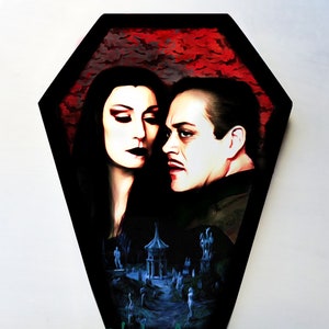 Unique vintage style painting - Coffin shaped -Morticia  & Gomez Addams  - The Addams Family - Halloween - Horror Movie Art Home Decor