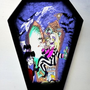 Coffin shaped - Retro Vintage style Art - Beetlejuice - Lydia Deetz - Painting - Cartoon - Home decor - Mix media - interior design