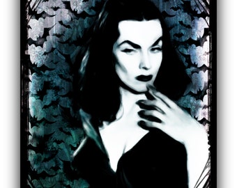 Vintage style painting -  Vampira - Maila Nurmi - Vampire - Fantasy -  Art - Painting - Interior design - Home decor - Wall Hanging - Bat