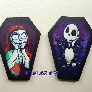 Coffin shaped - Retro Vintage style Art -Nightmare before Christmas - Jack Skellington - Sally - Painting - Cartoon - Home decor