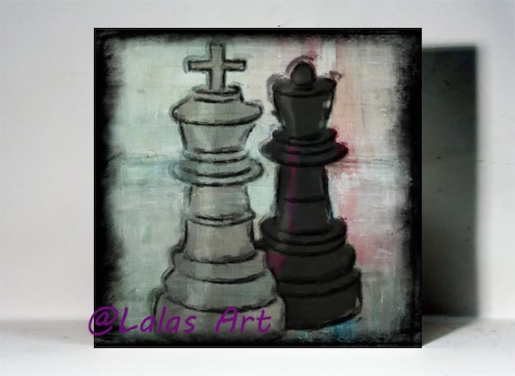 Unique vintage style Art Painting The Queen The Kind Chess Game Mix media Wall Art Retro Nerd Geek Figure Fine Art