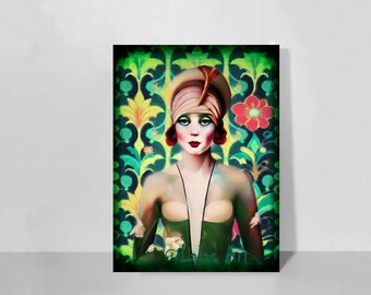 Vintage Art picture - Flowery Flapper Girl - Portrait -  Illustration - romantic and elegant - Home Decor - Wall Hanging -  Art Deco