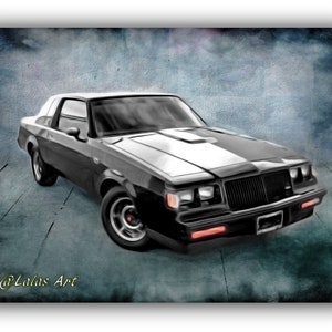 May include: A black and white muscle car with a white stripe down the bonnet. The car has a black grille and red rear lights. The car is parked on a blue and grey textured background.