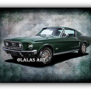May include: A dark green 1967 Ford Mustang with chrome accents and a vintage look. The car is set against a textured, green background.